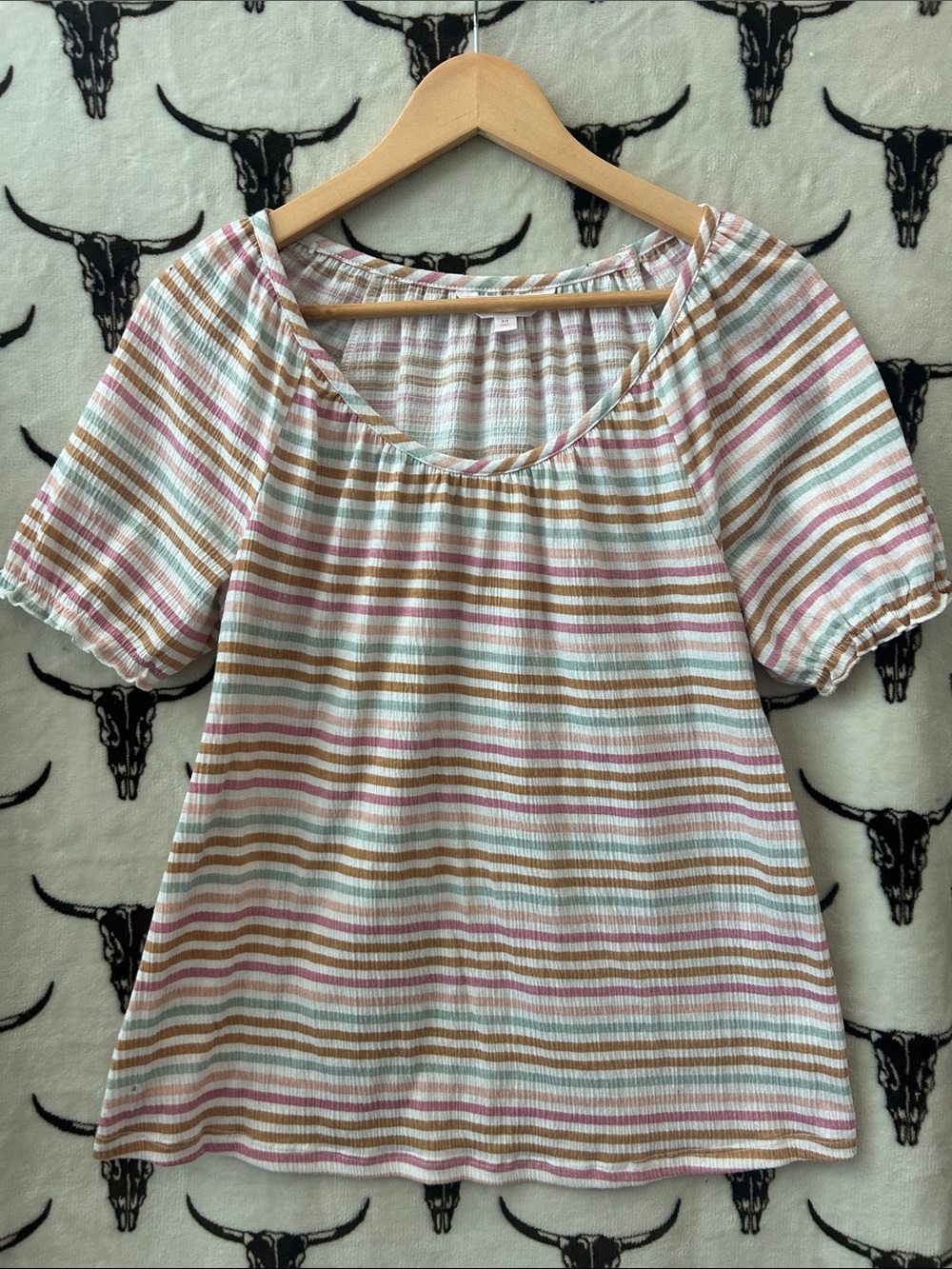 LC Lauren Conrad Striped Puff Sleeve Top Size M Pink Green Brown